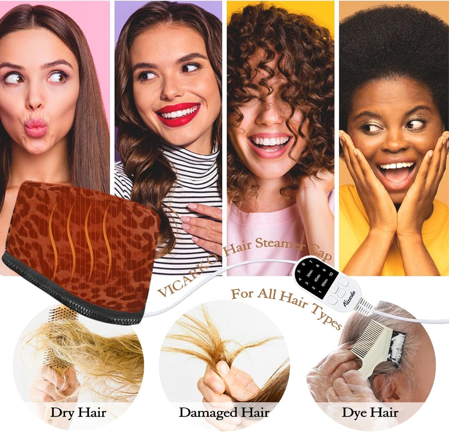 VICARKO Hair Steamer - Deep Conditioning Treatment with 10 Heat Levels | 118” Power Cord & Heating Cap