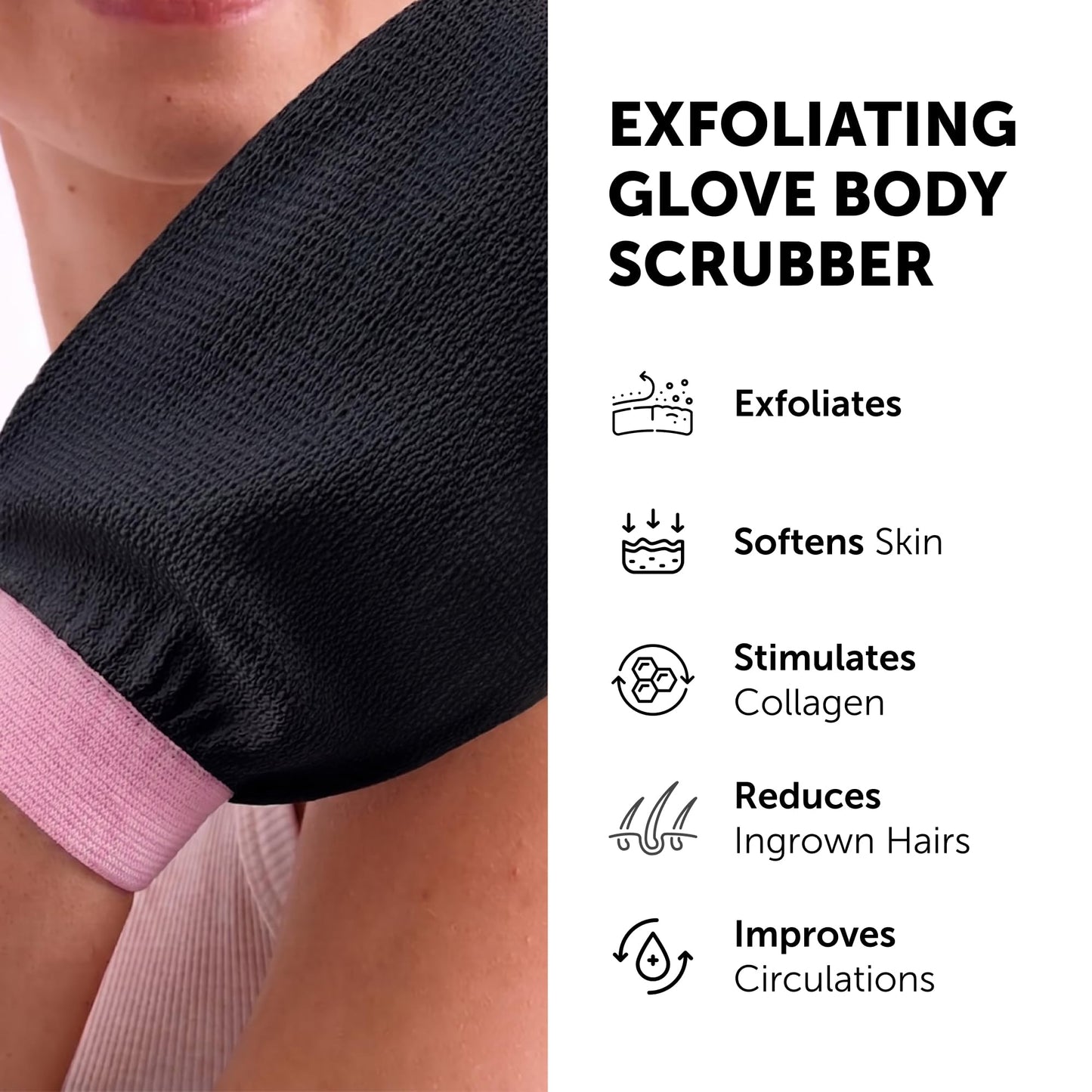 Valitic Exfoliating Glove Body Scrubber - Exfoliating Mitt Dead Skin Remover, Shower Face and Body Exfoliator - Korean Style Skin Scrubber Washcloth - Spray and Self Tan Remover, 1 Black with Pink
