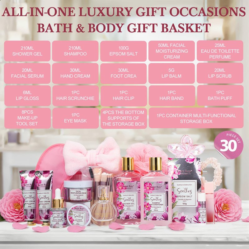 27 Pcs Spa Day Gifts Basket for Women, Camellia & magnolia Bath and Body Gift, Facial Skin Care Set, Self Care Pampering Kit, Face Serum, Lip Care, Home Spa, Birthday, Mother Day, Bridal Shower