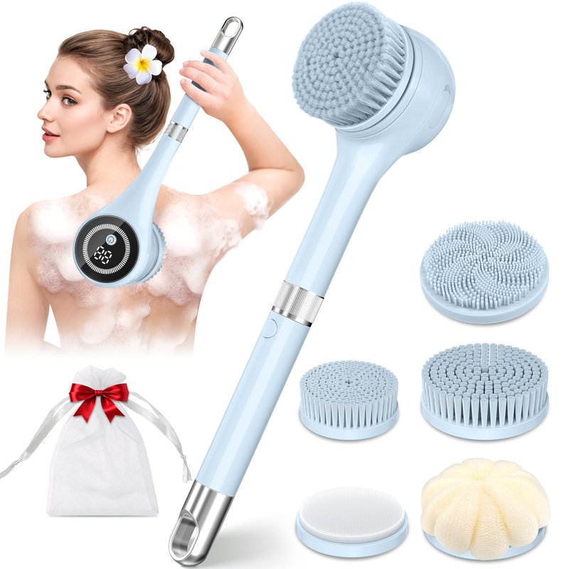 Electric Body Brush Back Scrubber for Shower, Waterproof Rechargeable Auto Bath Brush with Long Handle, 5 Replaceable Heads & 3 Speeds, Deep Cleansing Exfoliating Massage Spin Scrubber for Men & Women