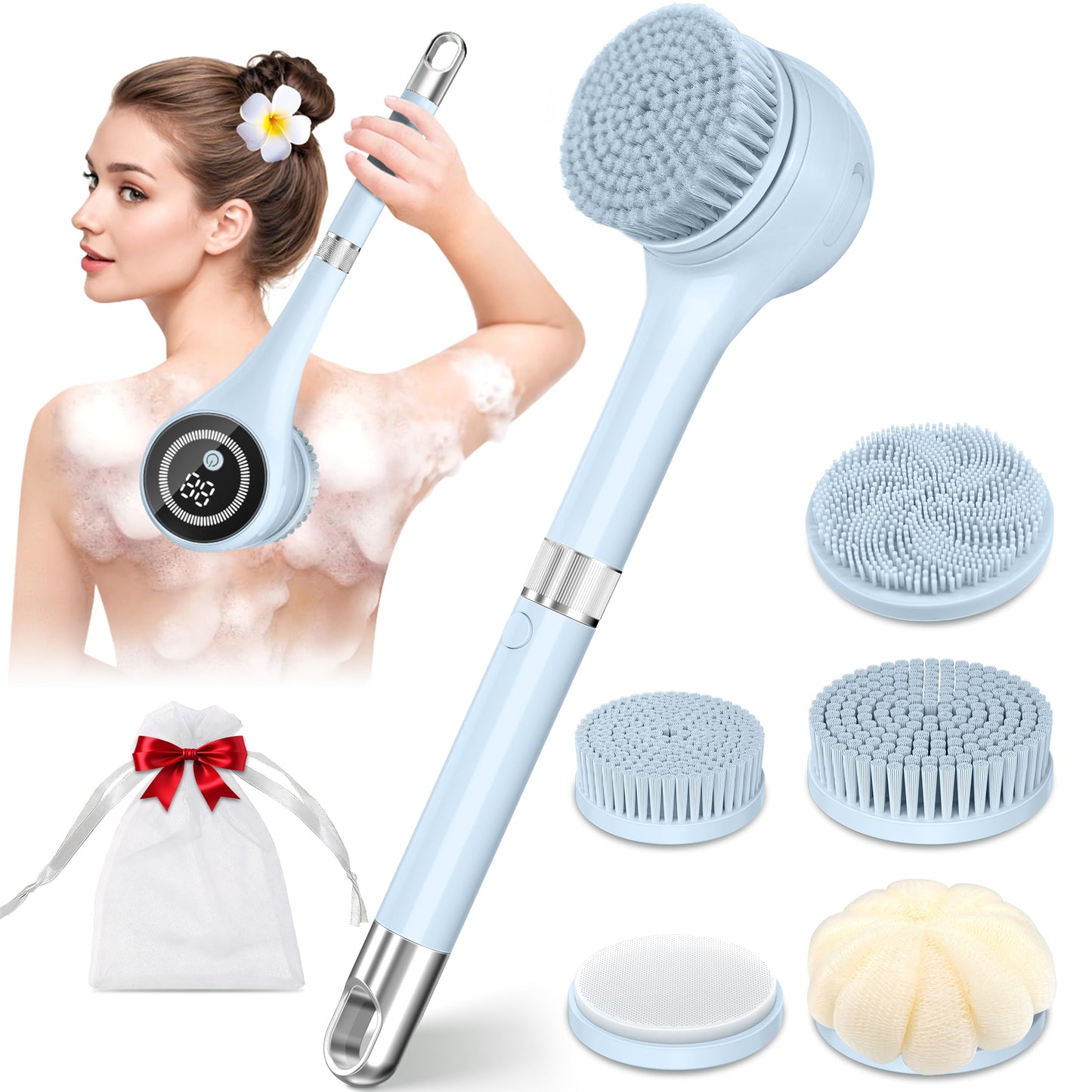 Electric Body Brush Back Scrubber for Shower, Waterproof Long Handle Power Auto Body Scrubber with 5 Heads, 3-Speed Rechargeable Bath Brush for Women, Men, Deep Cleansing, Exfoliating, Massage Skin