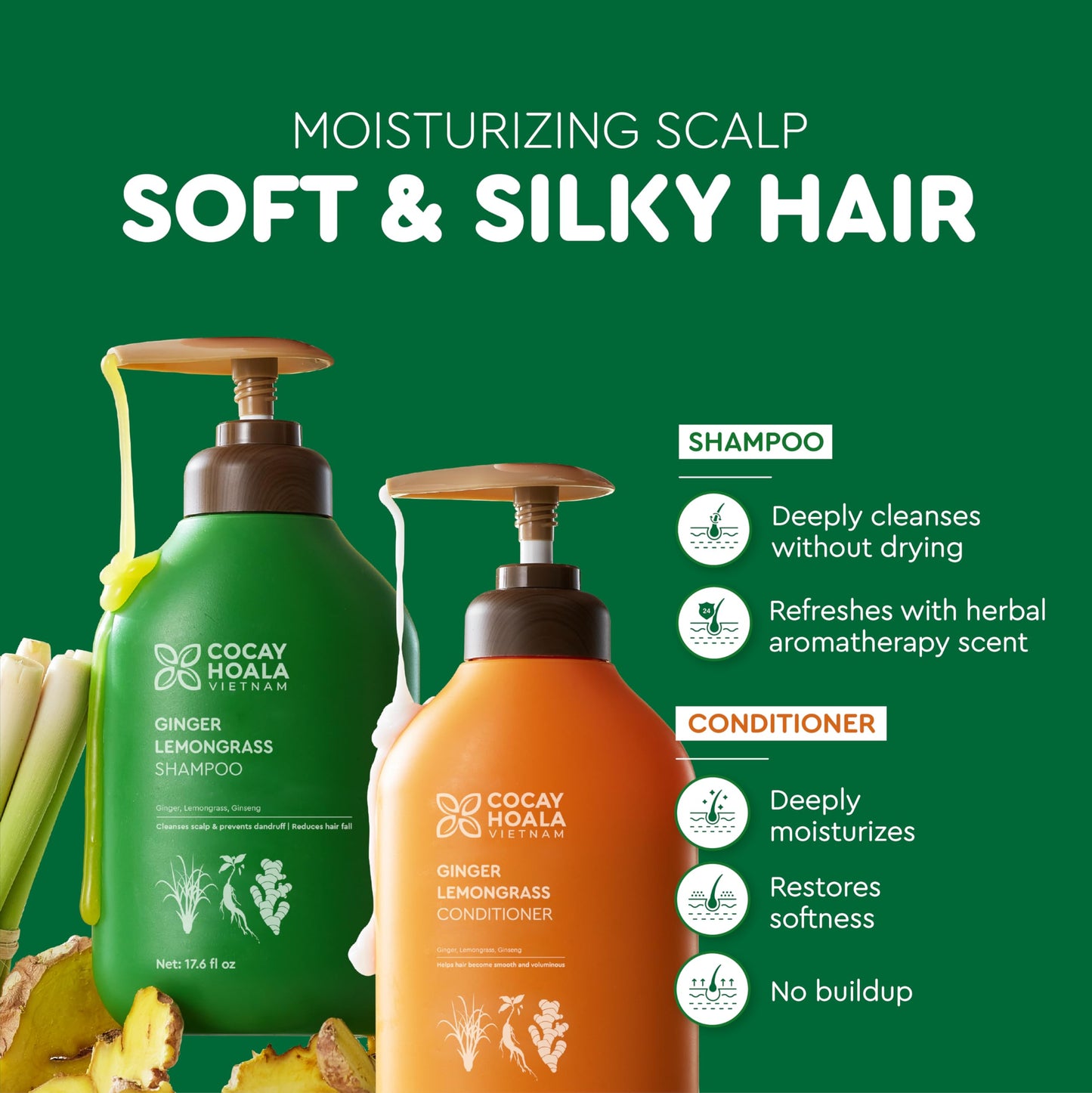VIETNAM Lemongrass and Ginger Shampoo and Conditioner Set for Thinning Hair, Hair Strengthening & Reduced Breakage, Paraben Free, Gift set for women (17.64 oz, 2 Pack)