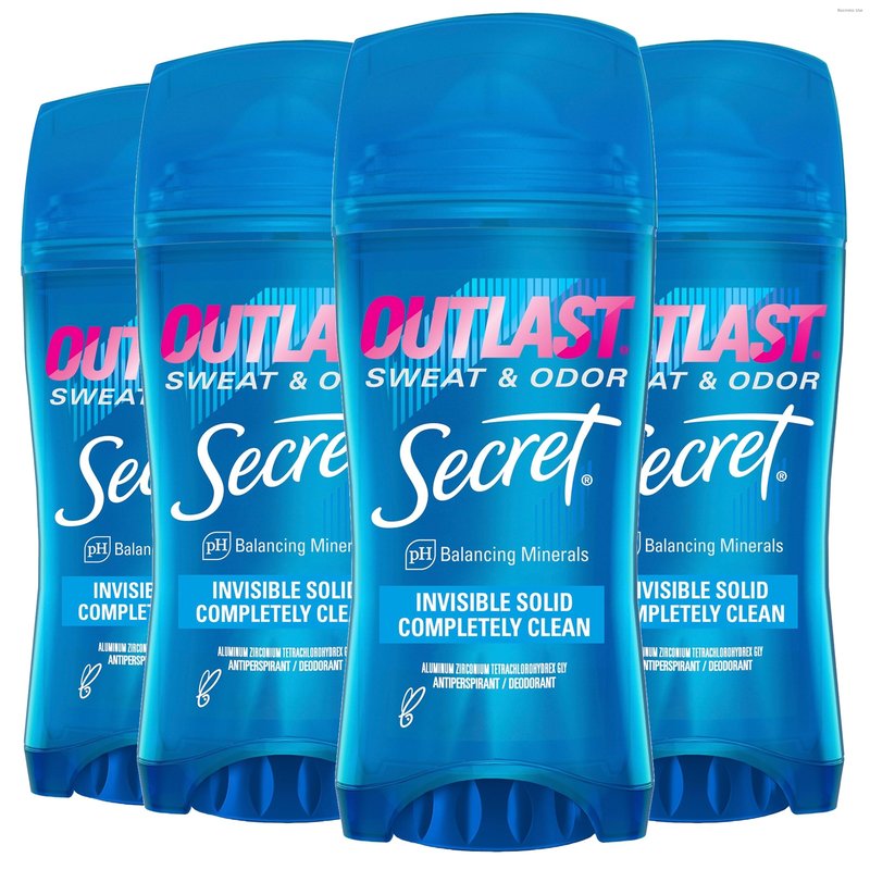 Secret Outlast Antiperspirant Deodorant for Women, 72hr Sweat & Odor Protection, PH Balancing Minerals, Invisible Solid, Completely Clean Scent, 2.6 oz (Pack of 4)