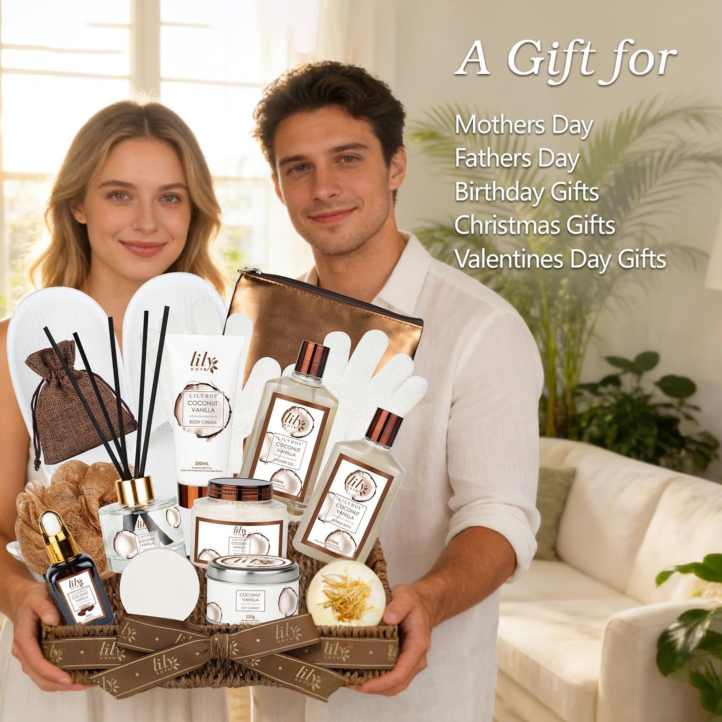 Coconut Vanilla Spa Gift Basket for Women & Men – 17-Piece Relaxing Bath & Body Set with Shower Gel & Reusable Basket, Premium Self-Care Gift for Mom, Birthday, Mother's Day, Father's Day, Christmas