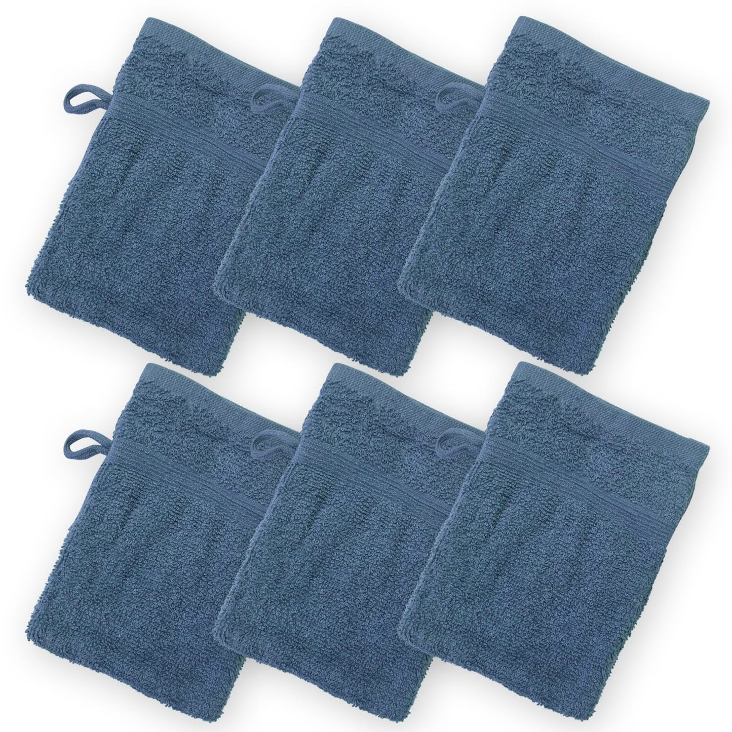 Homewear High Rise Stripe 6 Pack 6 x 8.5 Wash Mitt Set, Low Twist, Highly Absorbent, Gentle Hand and Face Cloth, European Style with Loop, Indigo