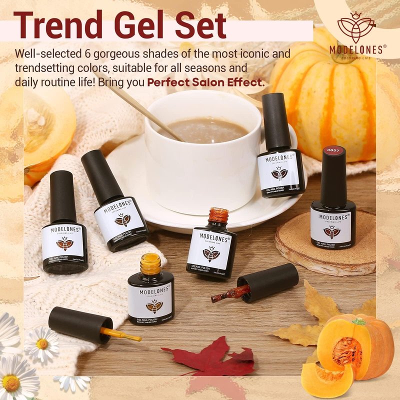 modelones Gel Nail Polish Set, 6 Colors 2026 Winter Neutral Nude Brown Gel Polish Maroon Caramel Burgundy Champane Gold Glitter Nail Polish Cherry Mocha Soak OFF LED DIY Kit Gift