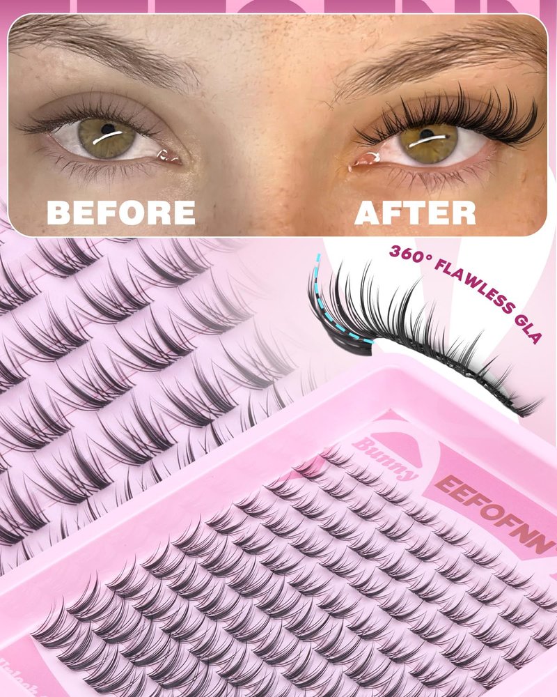 Natural Lash Clusters 8-14mm Wispy Cluster Eyelash Extensions Fairy Individual Lashes C Curl Eyelash Clusters Wispy Bunny Lash Cluster Invisible Band Cluster Lashes Natural Manga Look by EEFOFNN