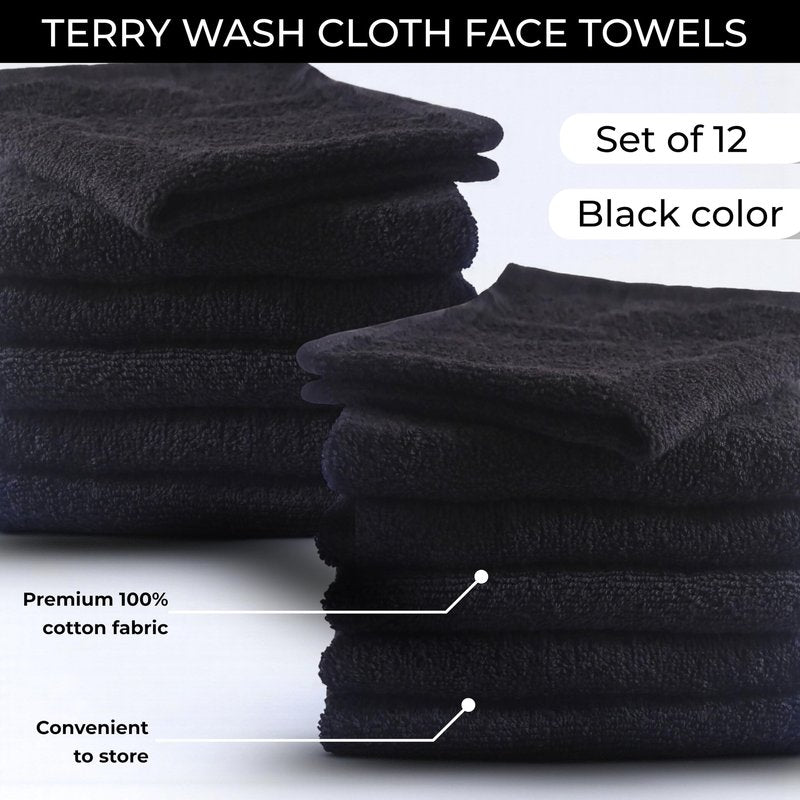 LIVINATI Black 100% Cotton Wash Cloths for Showering Body and Face - 12"X12" 12 Pack Washcloths - Small Terry Towel Bath Rags for Adults and Kids Bathroom - Soft Absorbent