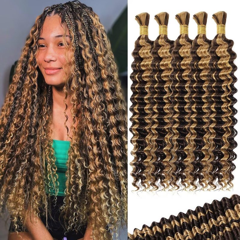 Human Braiding Hair - Deep Water Wave 24 Inch Curly Extensions | 5 Bundles P4/27 for Boho Braids