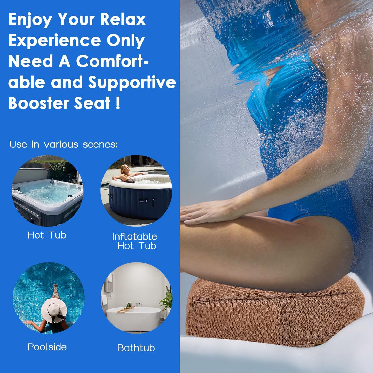 AEROiVi Hot Tub Booster Seat for Adults, 5 Inch Thick Supportive Cushion with Non-Slip Bottom, Weighted for Quick Sink Without Float, Spa Booster Seat for Hot Tub (Including Inflatable), Pool, Bathtub