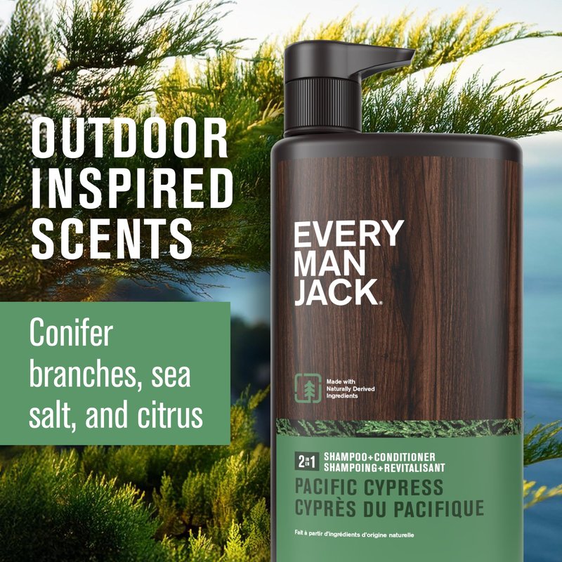 Every Man Jack 2-in-1 Daily Shampoo + Conditioner - Pacific Cypress | Nourishing For All Hair Types, Naturally Derived, Cruelty-Free Shampoo and Conditioner Set for Men | 24oz -1 Bottle