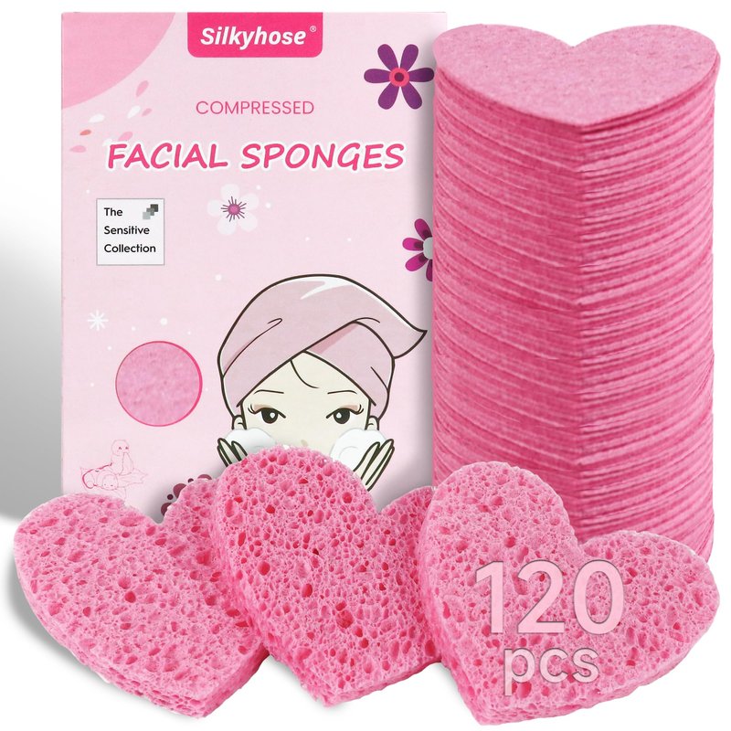 Silkyhose Women 120-Count Compressed Cellulose Heart Shape Face Facial Sponges 100% Natural Cosmetic Sponges for Facial Cleansing Exfoliating Mask Skin Massage (（Pink） 120 Count)
