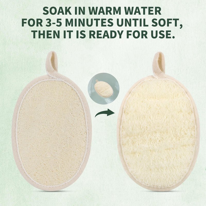 SAMEBUTECO 4 Pack Natural Loofah Exfoliating Body Scrubber Pads,Large Size 6.3x4.3 Inch Shower Loofah Sponges with Elastic Strap & Hanging Loop, Bath Scrubber for Adults