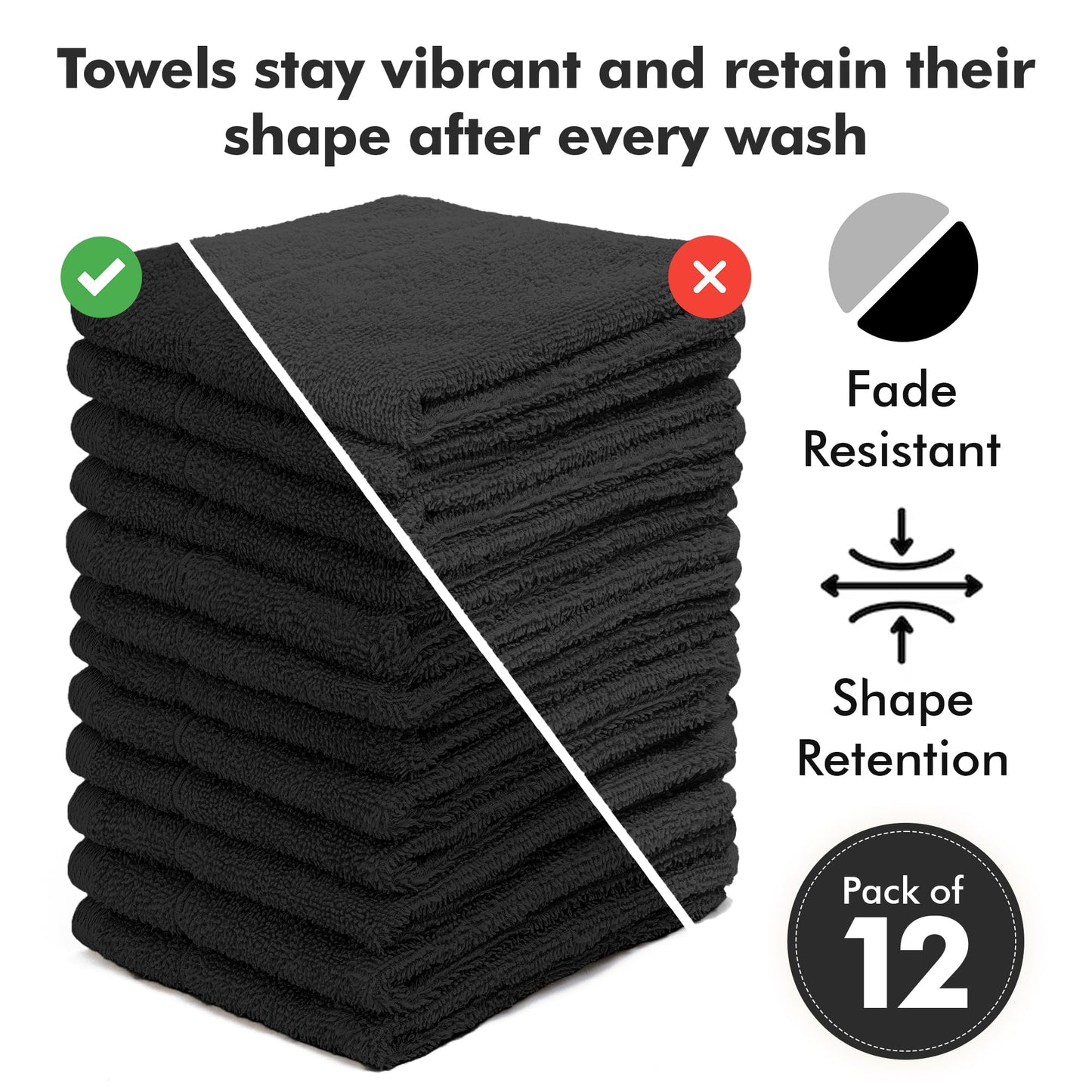 Novo Home Face Towels Pack of 12 – 100% Cotton Wash Cloths (12x12 inch) – Soft, Quick Dry & Highly Absorbent Hand Towels for Bathroom, Spa, Gym, Kitchen and for Daily Use - (Black)