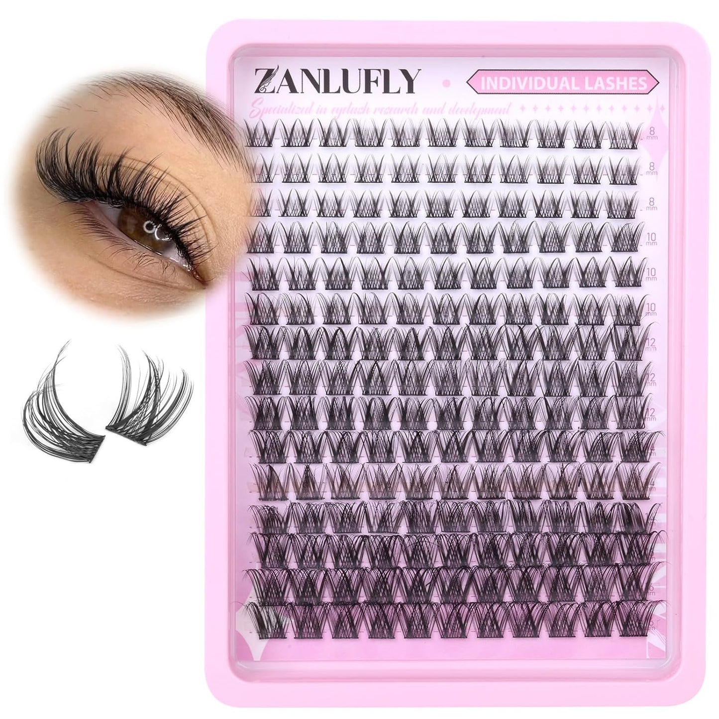 Zanlufly Wispy Eyelash Clusters - Natural C-Curly DIY Lash Extensions | 180 Pcs, Thin Band, 8-16MM