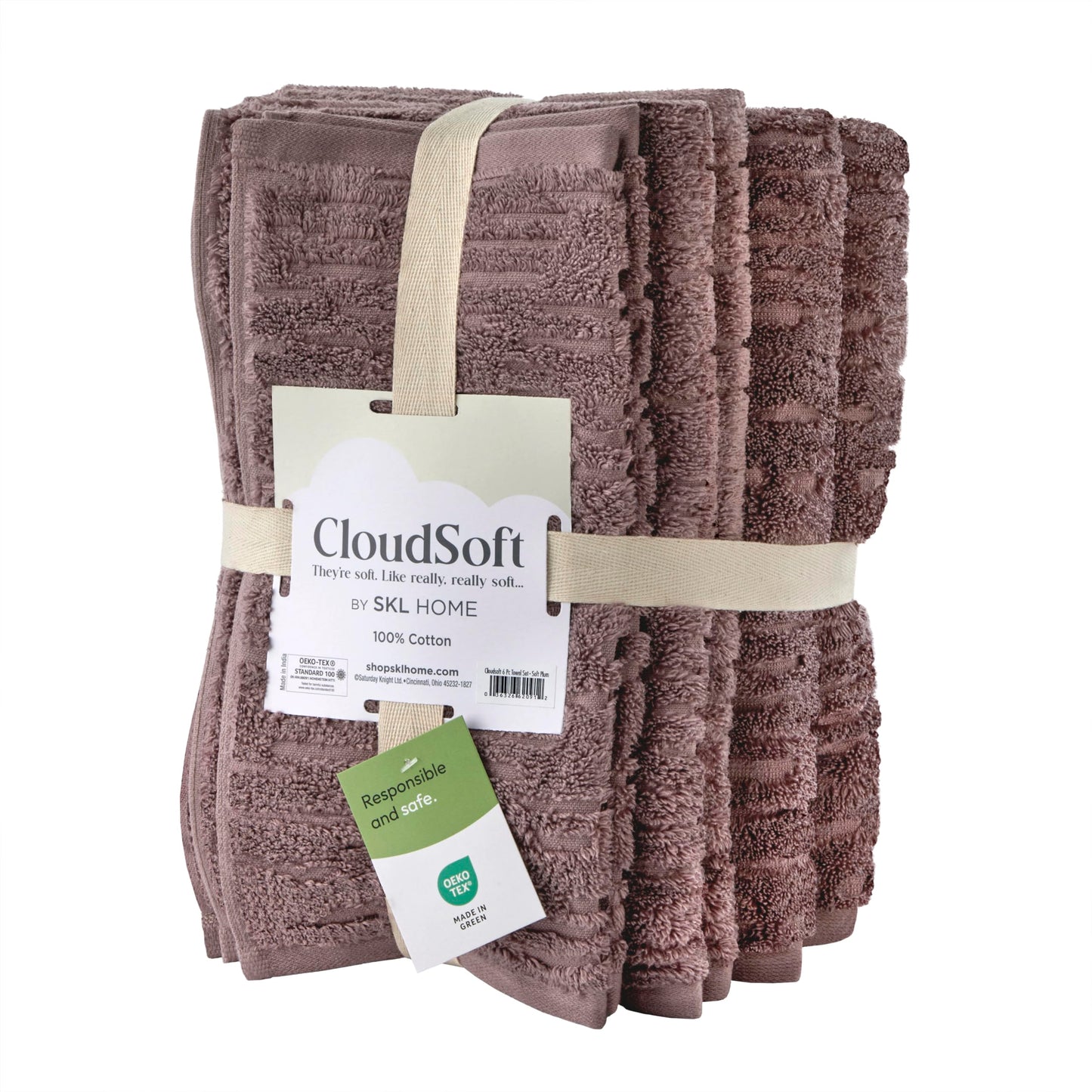 SKL Home CloudSoft 100% Cotton Luxury 6-Piece Towel Set, 600 GSM, Ultra Plush & Absorbent - 2 Bath Towels, 2 Hand Towels, 2 Washcloths, Soft Plum
