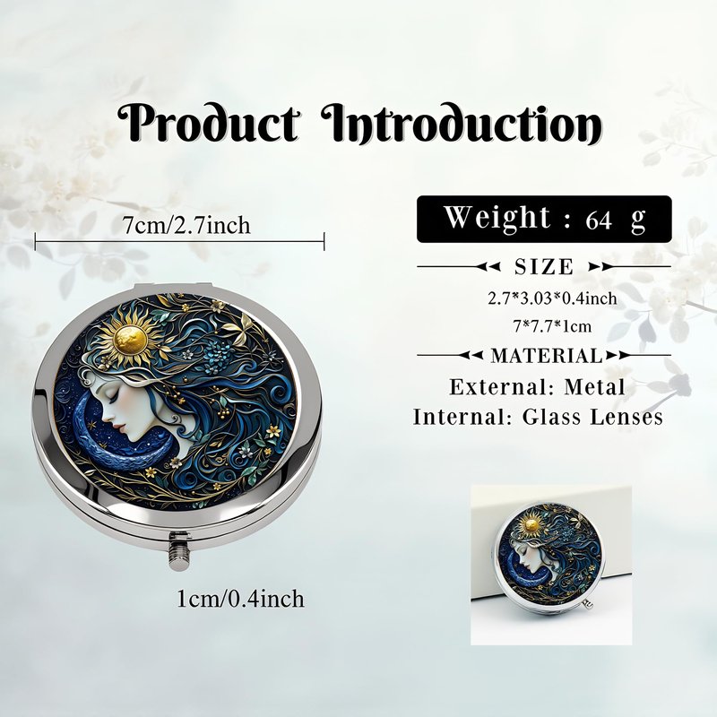 Silver Compact Mirror, 2.8x2.8inch Double-Sided Folding Makeup Mirror with Sun Moon Goddess Design, Ideal Gift for Women