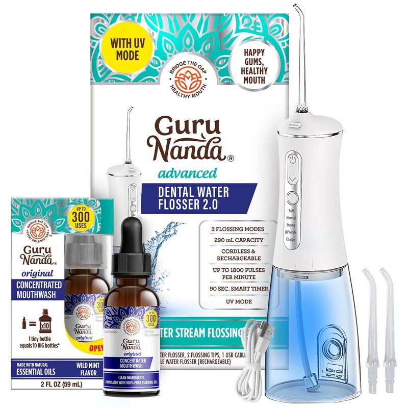 GuruNanda Advanced Water Flosser 2.0 with UV Mode & Concentrated Mouthwash Duo - Fresh Breath & Thorough Plaque Removal for a Brighter Smile
