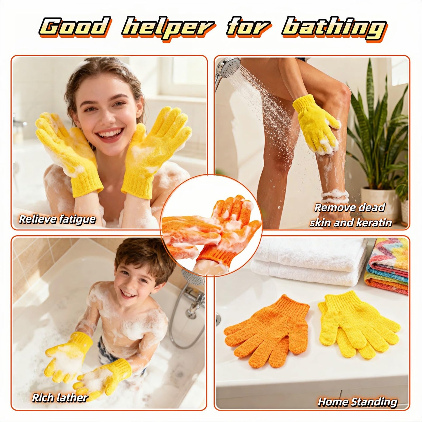 RyanDesign Exfoliating Shower Gloves, 2 Pairs Reinforced Nylon Bath Scrubbing Mitts, Orange and Yellow, One Size Fits All, Body Cleansing Massage