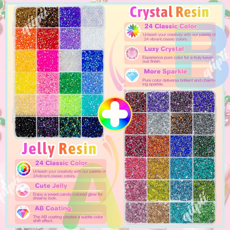 qiipii 48 Color 3mm SS10 Jelly AB & Crystal Colorful Resin Rhinestones for Bedazzling Crafting Flatback Stones Gems Diamonds Bedazzler Kit for Nails Eyes Face Makeup Tumblers Bottles DIY Crafts Shoes