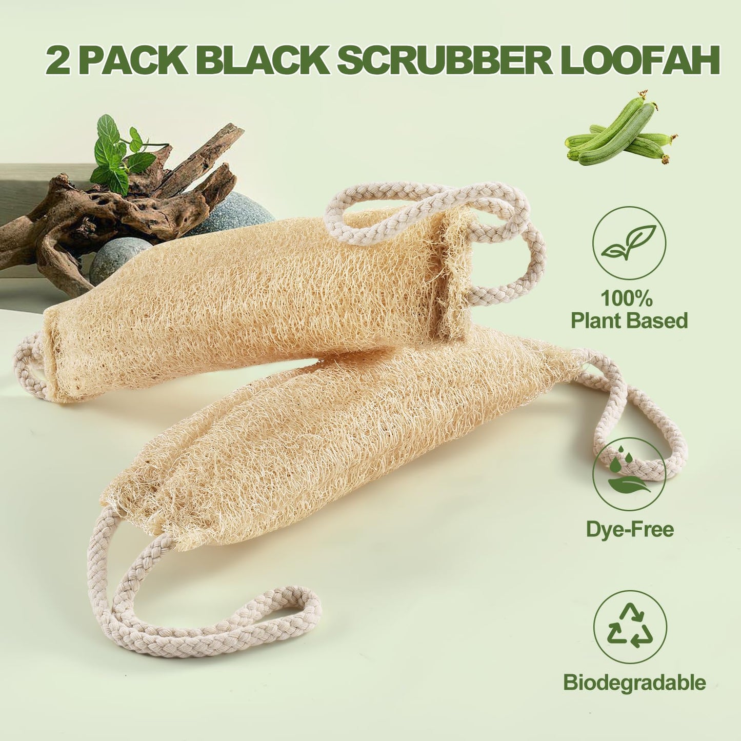 YEMTAL 2 Pack Natural Loofah Back Scrubber, Exfoliating Body Scrubber, Back Scrub Long Loofah with Handle, Back Washer for Shower, Bathing Sponge for Men & Women