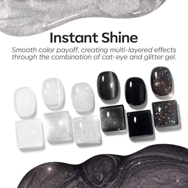 modelones Gel Nail Polish Set, 6 Colors Black White Silver Gray Cat Eye Glitter Shimmer Magnetic Hema & TPO Free Gel Polish Kit Summer Nail Art Manicure Salon Home Gifts for Women Girls Soak Off LED