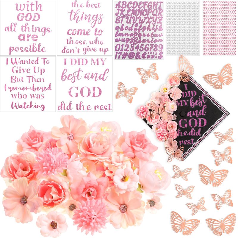 Feifeiya 41 Pcs DIY Graduation Cap Decorations Accessory Kit Include Faux Flower Heads Graduation Quote Glitter Sticker 3D Butterfly Pearl Rhinestones Sticker (Classic,Pink)