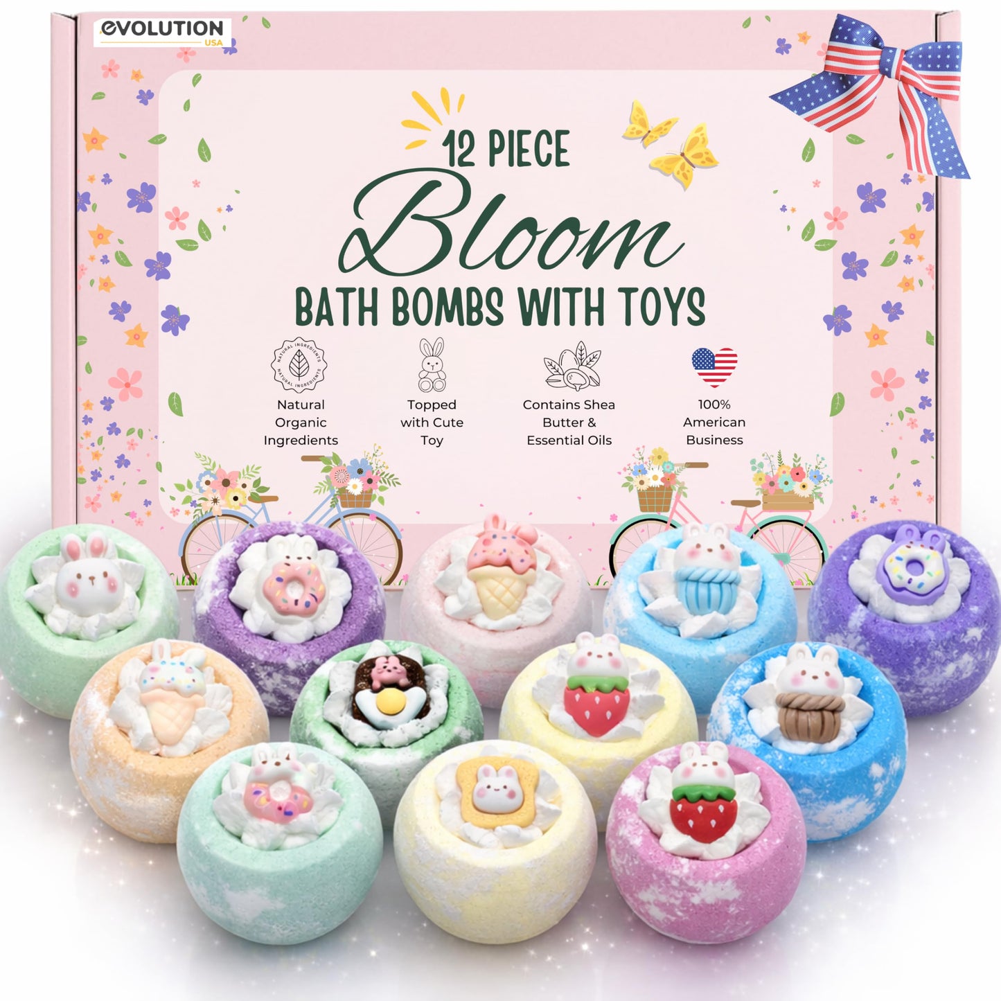 EvolutionUSA 12 Bloom Bath Bombs with Toys - Adorable Girl Bath Bomb Set, Bubbly Kids Bathbombs, Fizzy Bath Ball, Kids Bath Bombs for Girls, Childrens Bath Bomb Set Easter, Birthday, Christmas Gift