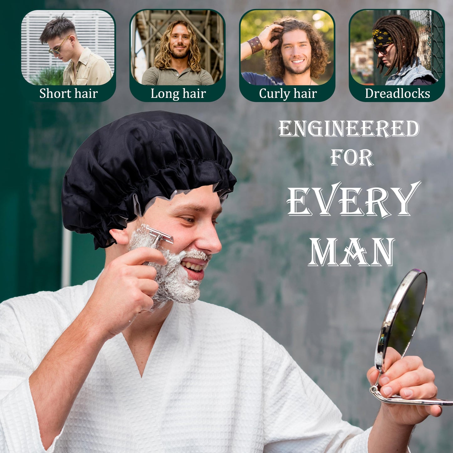 Shower Cap for Men, Waterproof Bath Shower Caps Double Layer Reusable Reusable Satin Bonnets Adjustable Elastic Bathing Hair Cap for Men Women