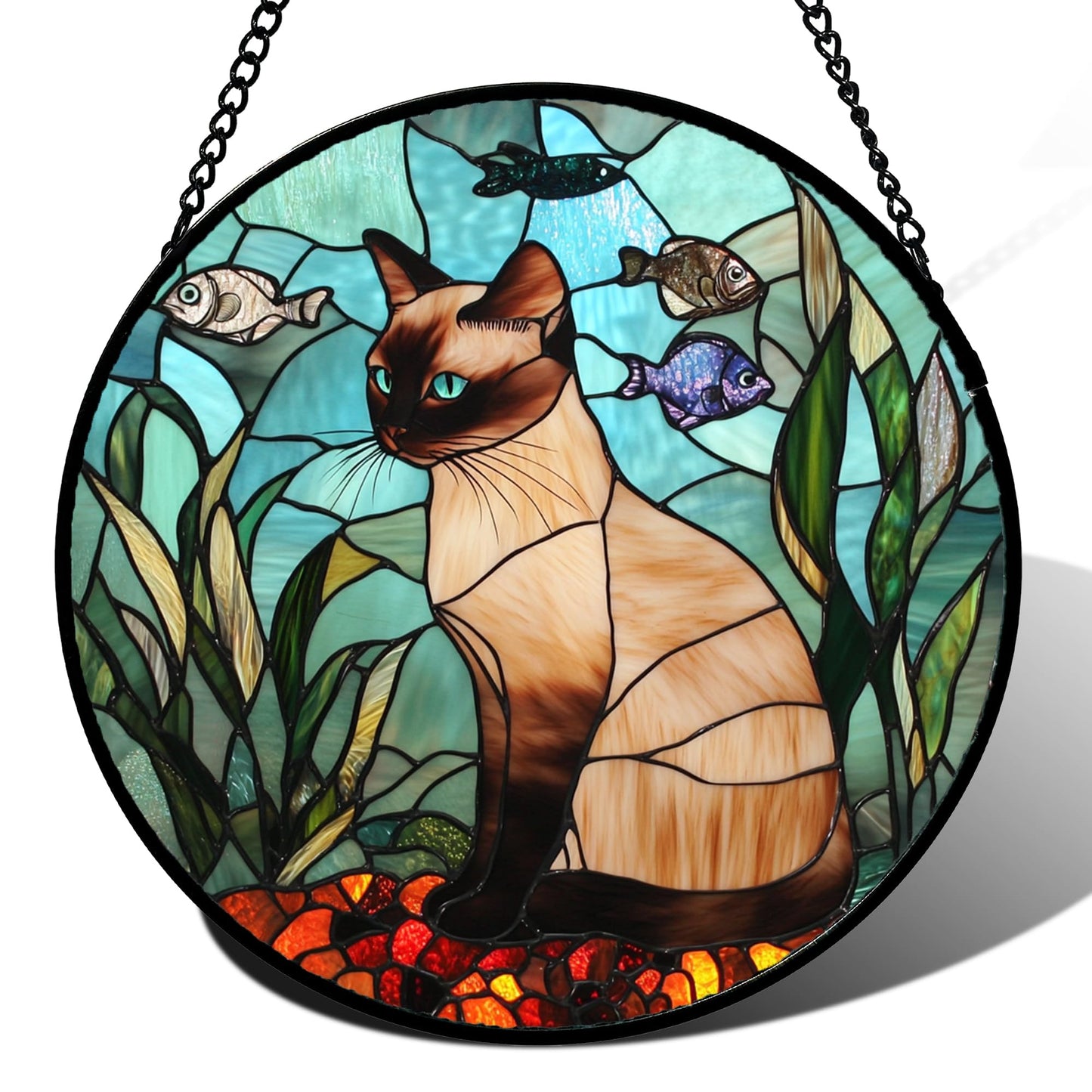 GEFOS Stained Glass Window Hanging Cat Fish Plants 6.3" - Suncatcher Door Garden Sunroom Sun Catcher Home Decor Birthday Christmas for Lost Pets Cat Lovers Mom Men Woman