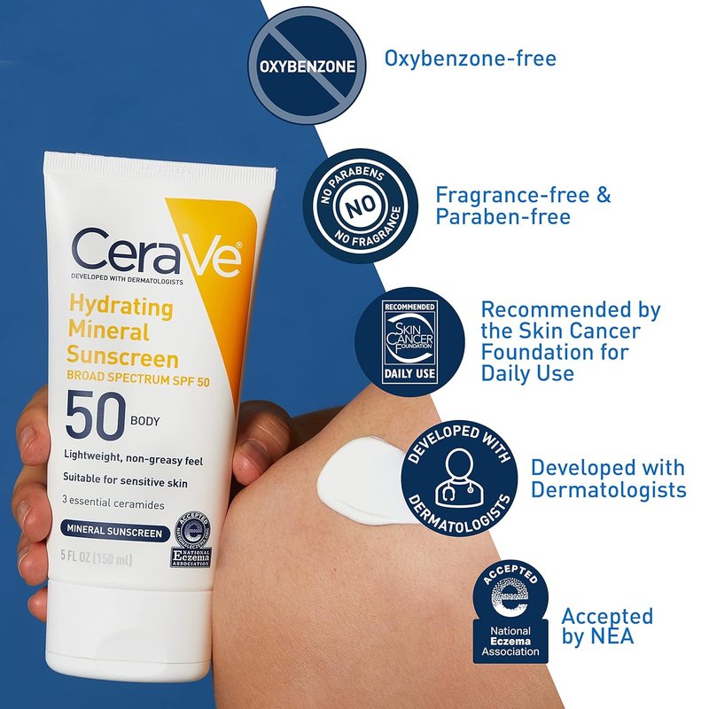CeraVe Mineral Sunscreen SPF 50 - Hydrating Zinc Oxide & Titanium Dioxide Formula | Oil-Free, 5 oz
