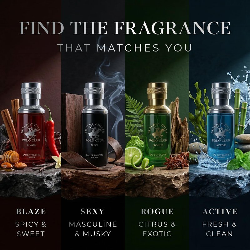 Beverly Hills Polo Club Men's Fragrance Collection - 4 Premium Eau de Toilette Colognes (1oz Each) - Diverse, Long-Lasting Scents: Blaze, Sexy, Rogue, Active - Ideal Gift Set for Him