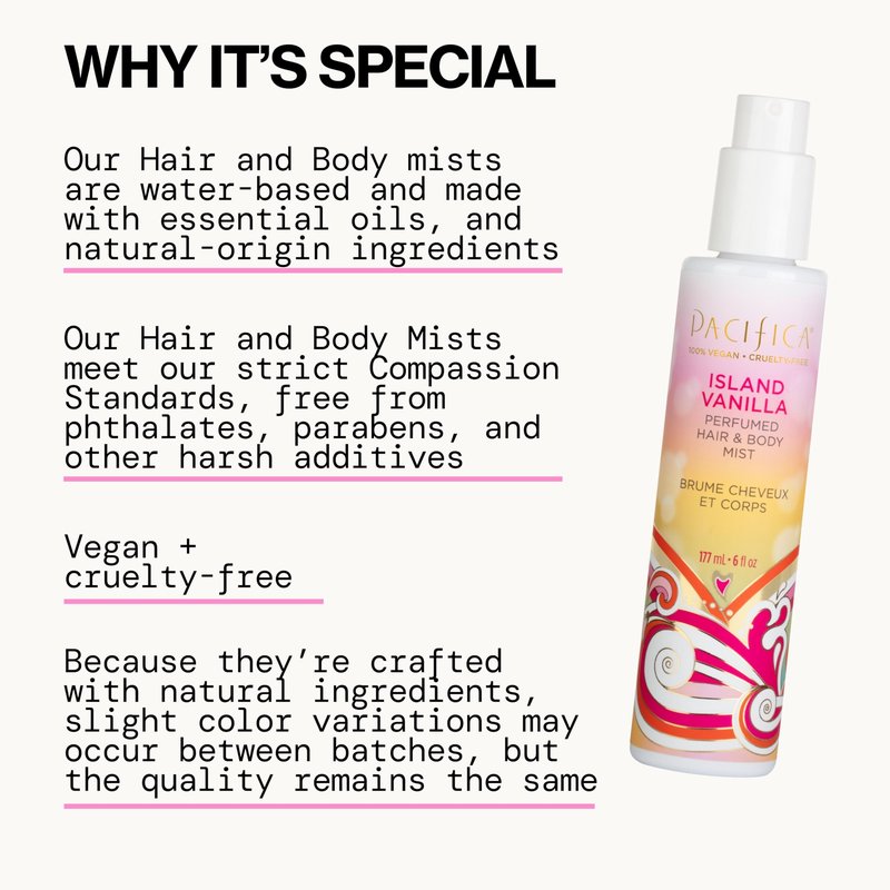 Pacifica Mini Island Vanilla Hair Mist Perfume and Full Body Spray for Women - Body Mist Fragrance Spray for A Mood-Lifting Experience, Paraben-Free, Clean Beauty Alcohol-Free, Vegan 2 oz