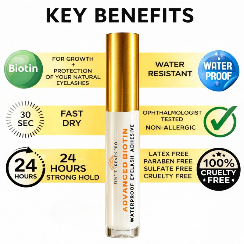 Advanced Biotin Clear Eyelash Glue Sensitive Eyes Safe Latex Free Hypoallergenic Strong Hold Cluster Lash Glue, False Eyelash Extensions Strip Lash Adhesive, Vegan Cruelty Free Waterproof