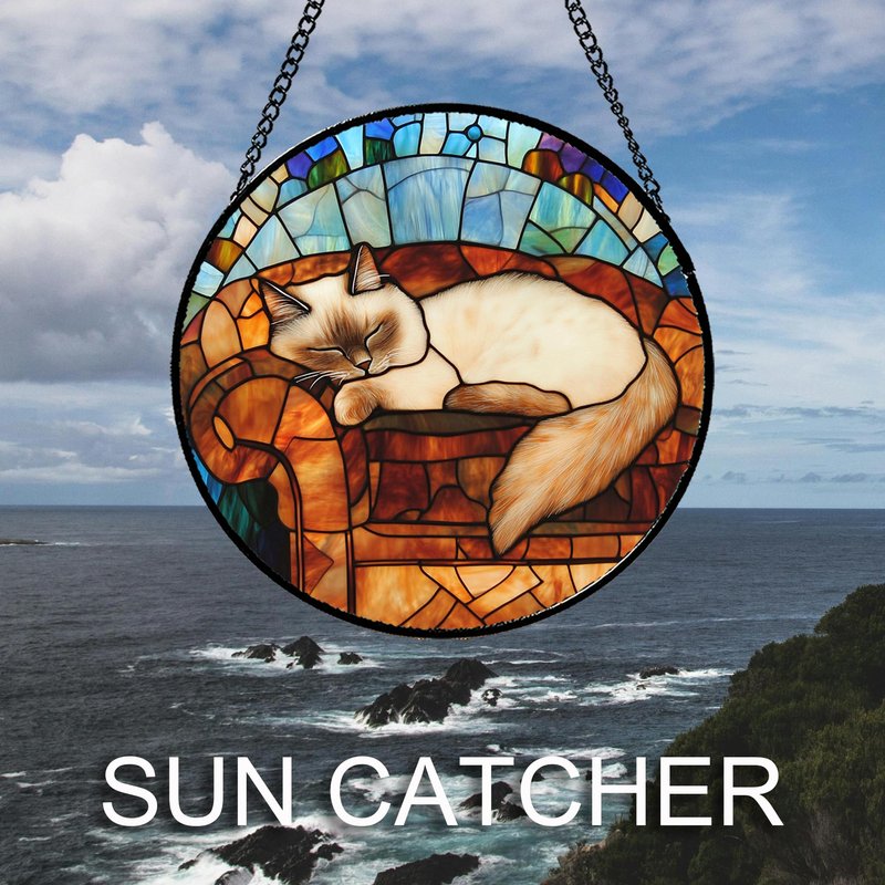 GEFOS Stained Glass Window Hanging Cat Sleeping On The Sofa 7.8" - Suncatcher Door Garden Sunroom Sun Catcher Home Decor Birthday Christmas for Lost Pets Mom Men Woman