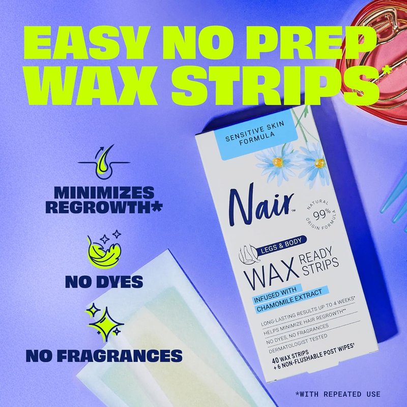 Nair Sensitive Hair Remover Wax Strips - Mess-Free Hair Removal for Legs & Body | Chamomile Extract, 40 Count