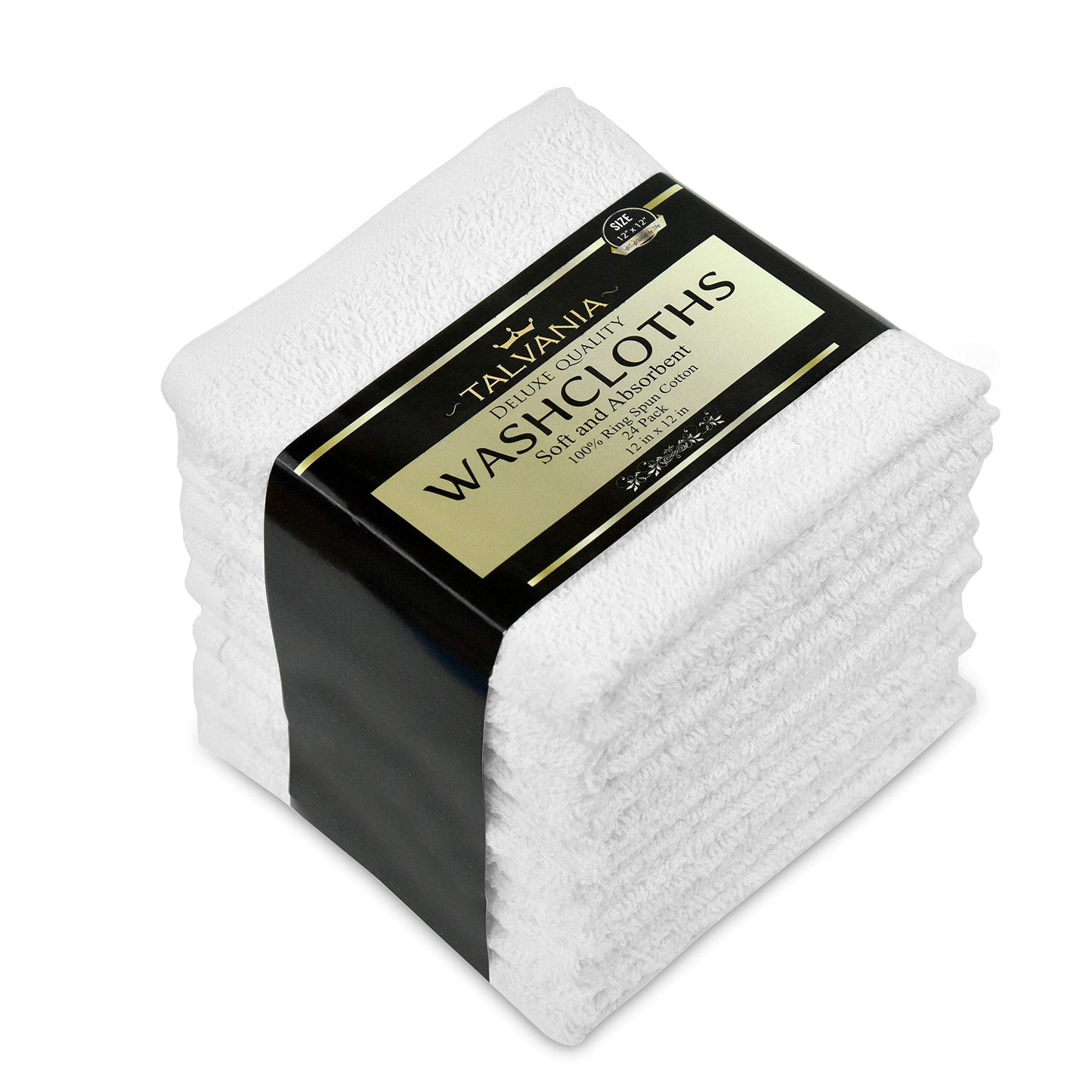 TALVANIA White Cotton Washcloths - Pack of 24 - Super Absorbent Bathroom Face Towels - 12" x12” Terry Bath Wash Cloth Set - Spa Home Cleaning Towel Multi-Purpose - 100% Ring Spun Cotton