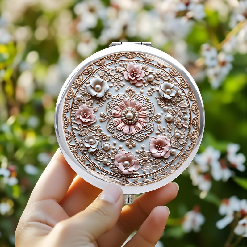 Silver Compact Mirror, 2.8x2.8inch Double-Sided Folding Makeup Mirror with Pink Floral Relief Design, Ideal Gift for Women
