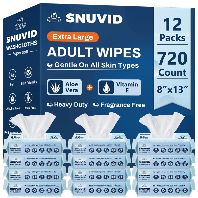 Adult Wipes for Elderly - 720 Count Extra Large 8"x13" Disposable Washcloths Rinse Free Bathing Wipes for Incontinence & Bedridden Care - Thick, Soft & Unscented with Aloe & Vitamin E (12 Packs of 60)