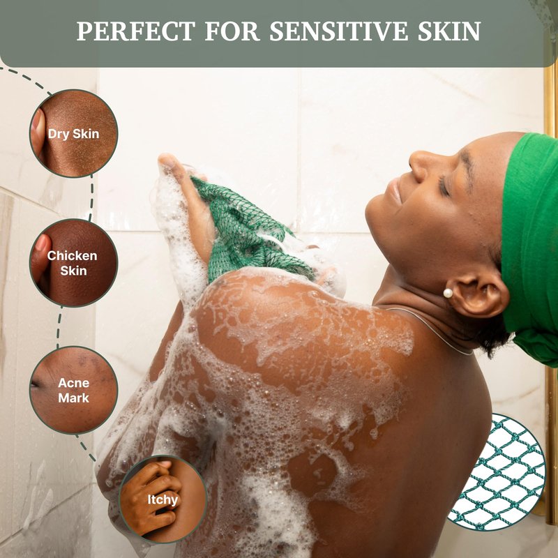 MOTHER AFRICA African Net Sponge Authentic with Knots 2 Pack Black Owned Exfoliating Body Scrubber Bath Sponge for Shower Washcloth Loofah Gentle Deep Cleansing Back Scrubber Face & Body Men & Woman