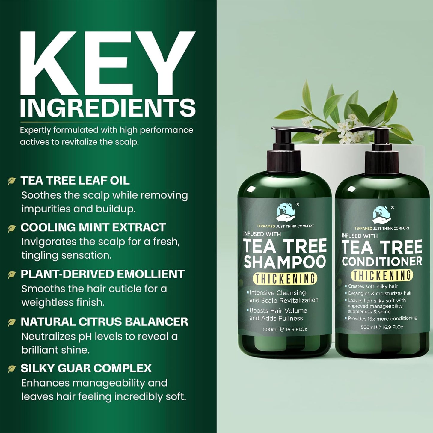Tea Tree Shampoo & Conditioner Set | Thinning Hair Loss Treatments for Men and Women | Soothes Itchy Scalp & Dandruff | Boosts Hair Growth & Reduces Hair Loss | Sulfate & Paraben Free