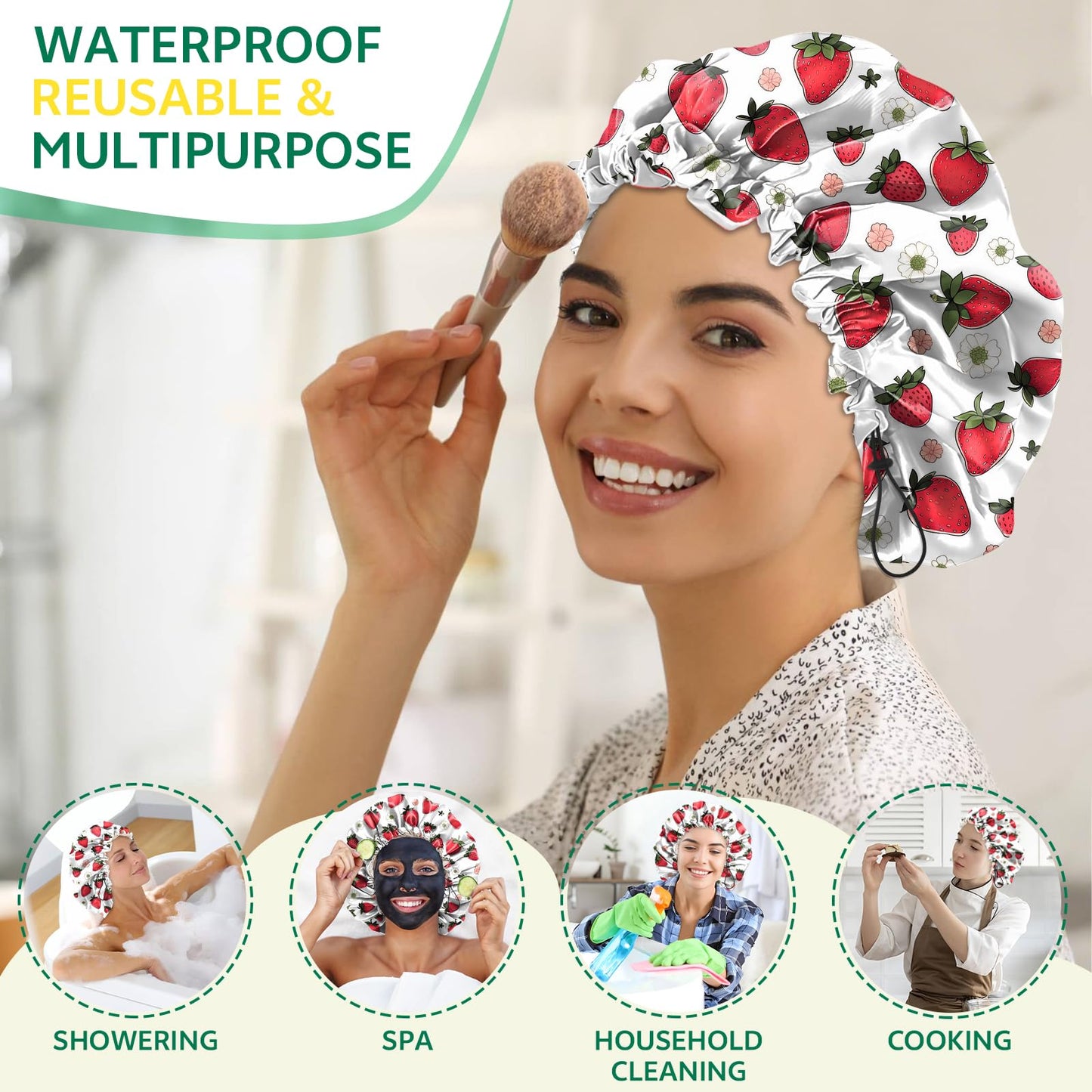 BHAHB 2 PCS Shower Cap Waterproof Double Layer Elastic Adjustable Reusable Hair Bath Caps for Girls Women Cute Aesthetic-Pink