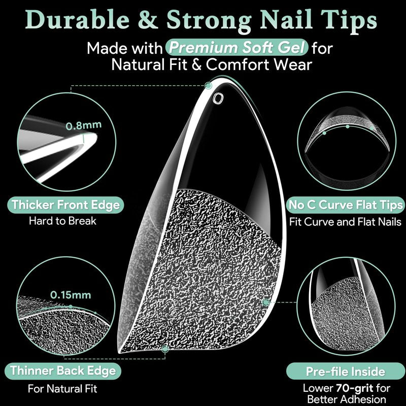 LEYKOSH Extra Short Almond Nail Tips - 216pcs Soft Gel Full Cover Fake Nails, 70-Grit Pre-Sanded Matte Clear Press on Nails for Extension, DIY Home Manicure with 12 Sizes