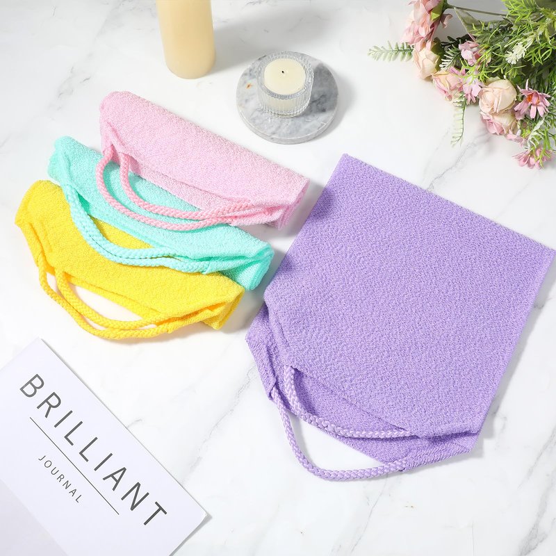 DOPENSPI 4PCS Exfoliating Back Scrubber with Handles, Nylon Double-Sided Exfoliator Extended Length Stretchable Body Exfoliating Washcloth Pull Strap Back Washer for Women Men(B)