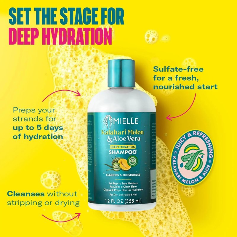 Mielle Organics Kalahari Melon & Aloe Shampoo - Hydrating Sulfate-Free Formula for Curly Hair | 12 Ounce