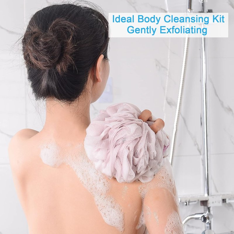 AmazerBath Exfoliating Loofah Sponge Set - 4 Bath Scrubbers in Grey, Blue, Pink & White - 60g Each
