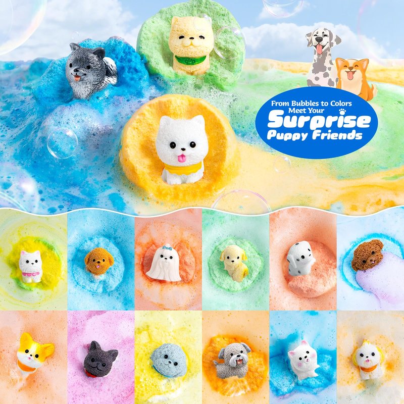 BubbleTail 24 Pack Puppy Bath Bombs for Kids - Each with Surprise Dog Figurine Inside, 15 Scents, Bath Bombs with Toys, Skin-Friendly, Birthday Party Favors & Stocking Stuffers for Boys & Girls