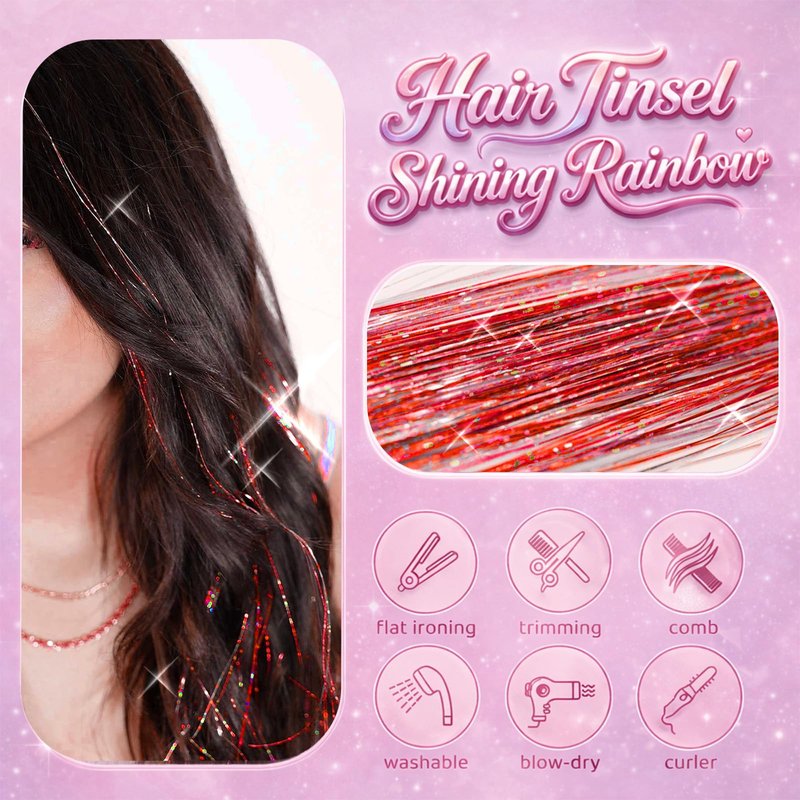Red Hair Tinsel, 8 Pcs Fairy Hair Tinsel Kit for Girls Women 48 Inch 3200 Strands with Tools Hair Accessories Glitter Tinsel Hair Extensions for Party Festival Christmas (Red)