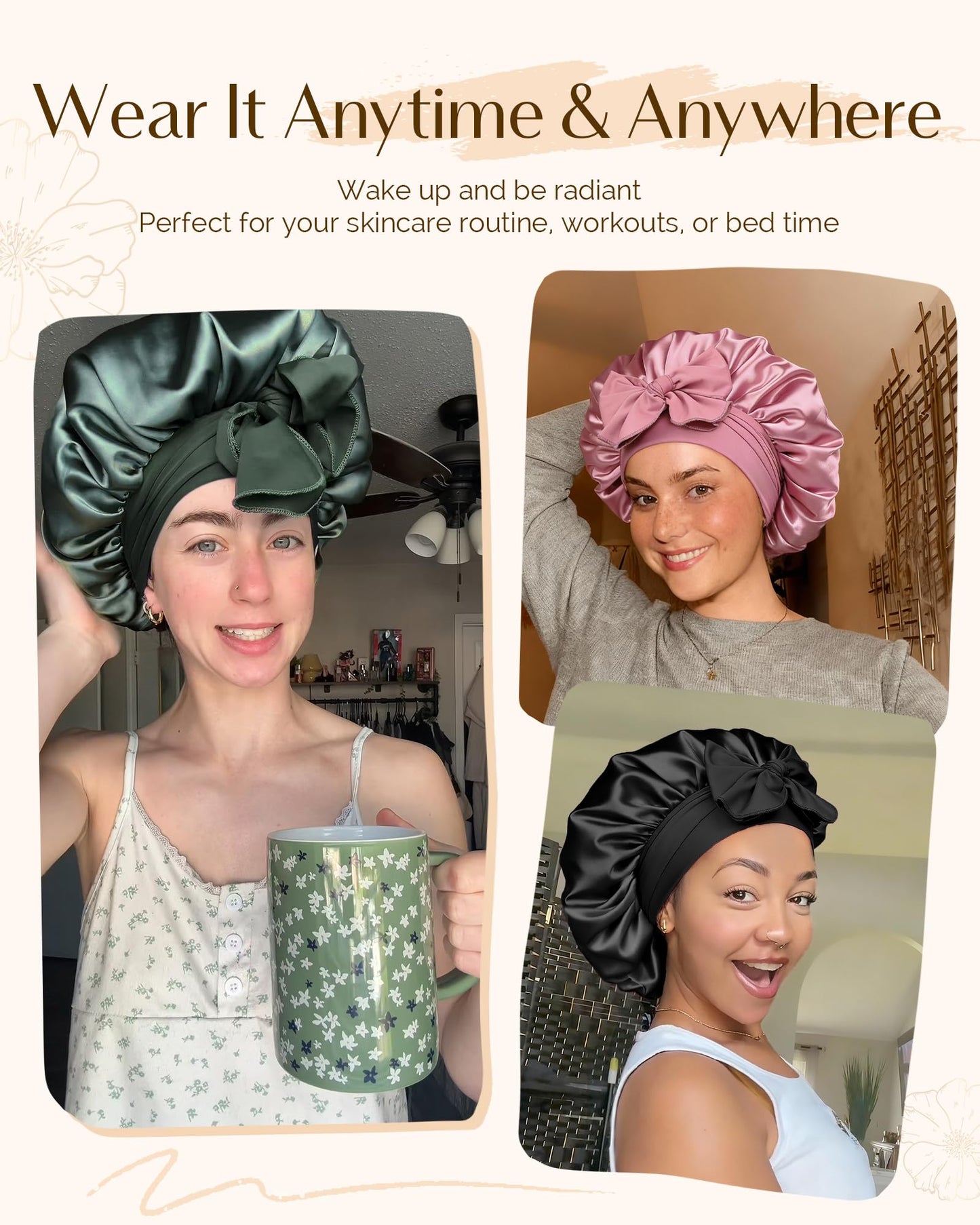 YANIBEST Adjustable Double Layer Satin Bonnet, Silk Hair Bonnet for Sleeping with Elastic Tie Curly Natural Hair Reduce frizz, Beanpaste Pink