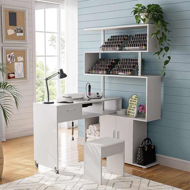Kikihouse Manicure Table Nail Desk with Dust Collector, L-Shaped Nail Tech Desk with Stool, Two-Way Drawer, Cabinet & Storage Shelves, Rotating Reversible Manicure Workstation on Wheels (White)